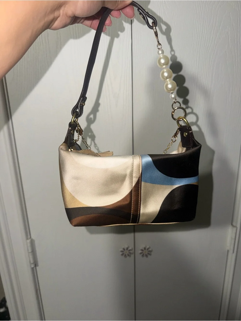 Coach Satin Multicolor Shoulder Bag with Pearl Accent